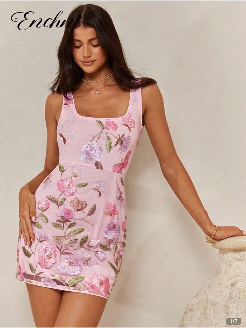SHEIN Pink Floral Embroidered Mini Dress
